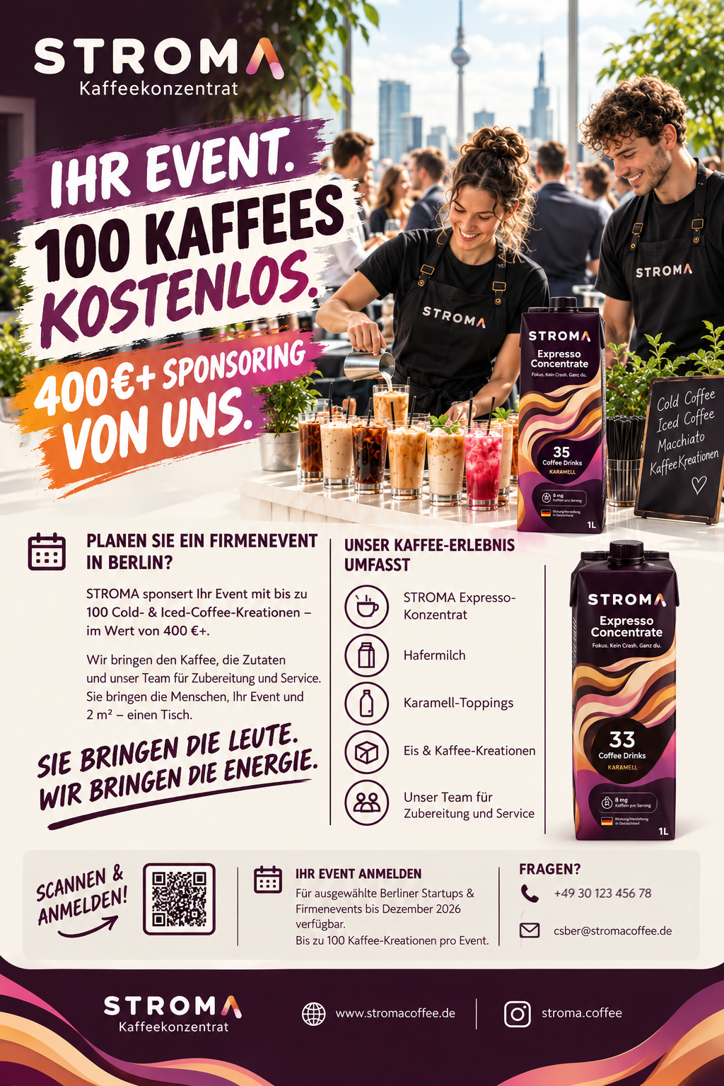 STROMA Event-Aktion: bis zu 100 Cold- und Iced-Coffees und Coffee-Mocktails kostenlos für dein Firmen-Event in Berlin